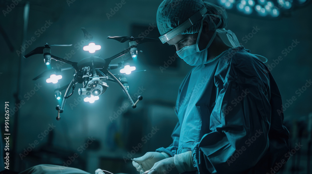 Fototapeta premium A surgeon conducting field surgery with a floating medical drone that provides light, tools, and real-time communication with specialists worldwide