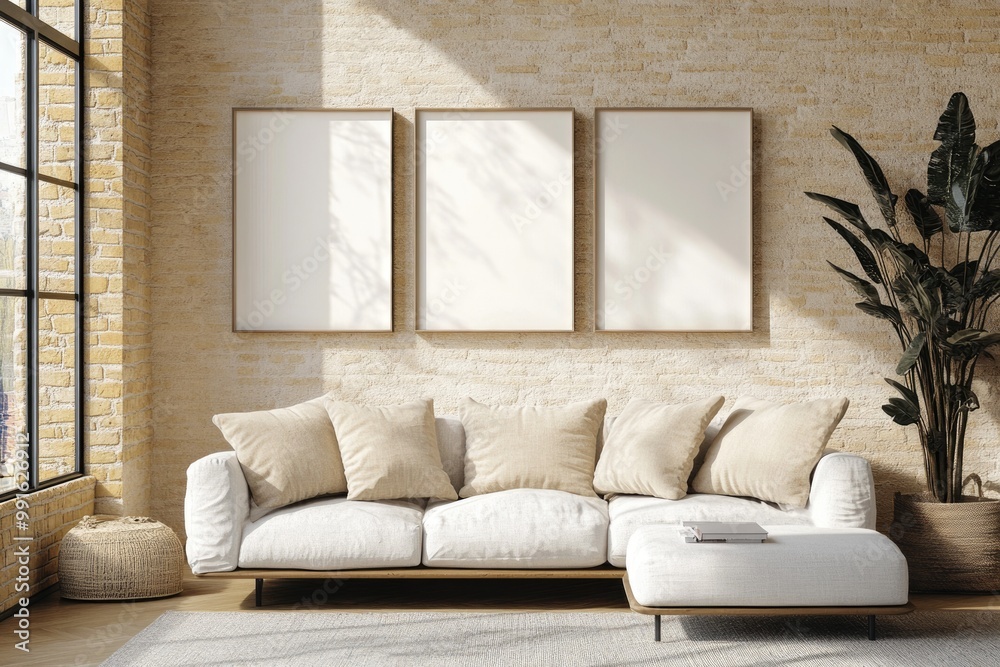 Fototapeta premium Modern Living Room Interior with Blank Poster Frame in Scandinavian Style