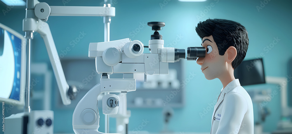 Cartoon Doctor Looking Through a Microscope. Cartoon Doctor Looking Through a Microscope.