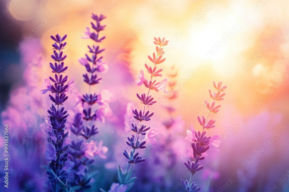 Beautiful purple flowers in the garden at sunset. Nature background. Levander flower on the garden.geneative ai Beautiful purple flowers in the garden at sunset. Nature background. Levander flower on the garden.geneative ai