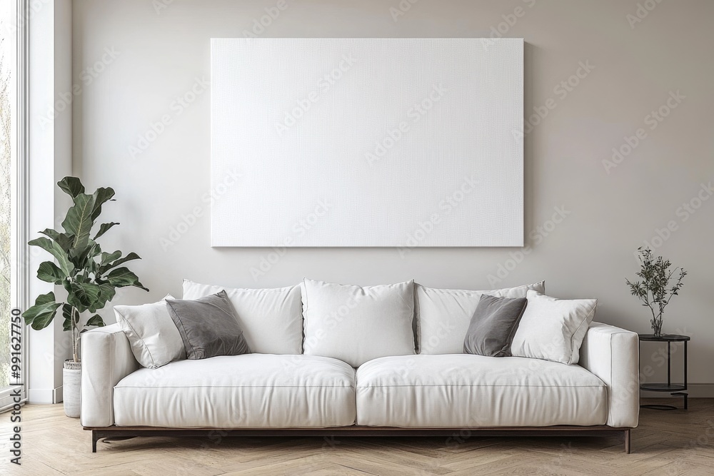 Modern Living Room Mockup with White Sofa and Canvas Art on Parquet Floor Modern Living Room Mockup with White Sofa and Canvas Art on Parquet Floor