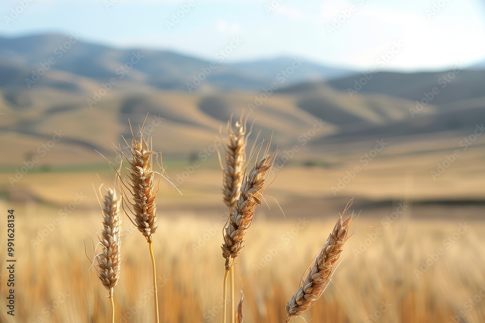Naklejka premium Panoramic Wheat Fields against Hilly Landscape