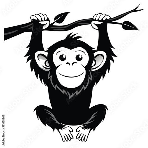 a black and white illustration of a chimpanzee hanging upside down on a tree branch. The chimpanzee is sitting on its hind legs with its arms stretched out to the sides 