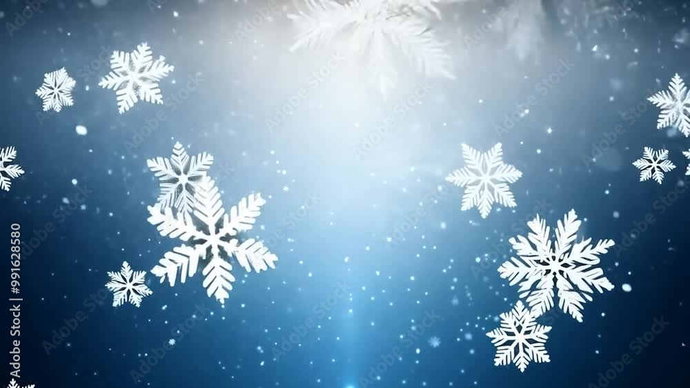 Snowflakes drift gently through the air, creating a tranquil winter atmosphere with a calming blue glow illuminating the backdrop and enhancing the serene beauty