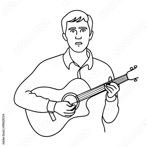 Vector illustration of a young man playing the acoustic guitar with focus in a minimalist style