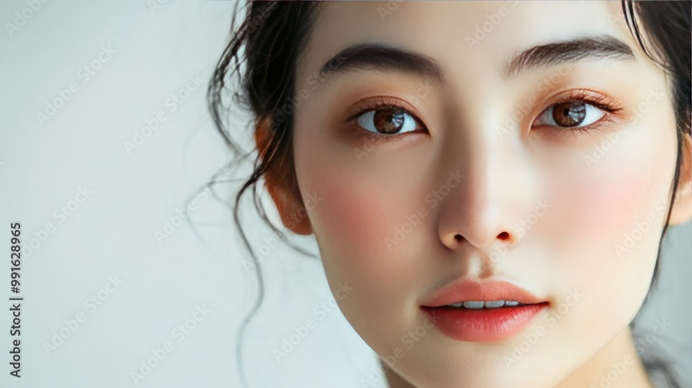 Elegant portrait of an Asian woman with radiant, glowing skin, natural makeup, and a simple backdrop, ideal for beauty, skincare, and natural beauty branding. Elegant portrait of an Asian woman with radiant, glowing skin, natural makeup, and a simple backdrop, ideal for beauty, skincare, and natural beauty branding.