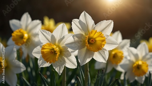 Daffodil flowers with sun spikes, emphasizing spring vibrancy.