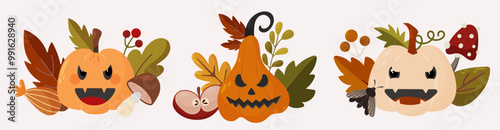 Set of Halloween pumpkins in cartoon style decorated with fall leaves. Collection with autumn botany. Hand drawn vector illustration  in cartoon style. Design for geeting cards, textile, wallpaper