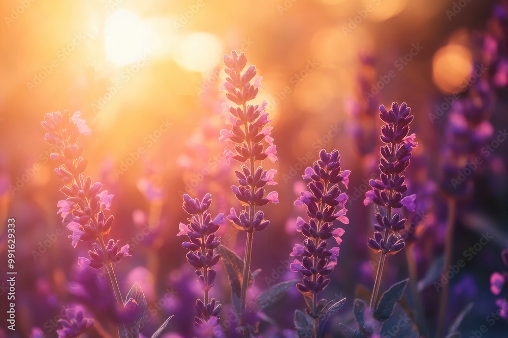 Beautiful purple flowers in the garden at sunset. Nature background. Levander flower on the garden.geneative ai Beautiful purple flowers in the garden at sunset. Nature background. Levander flower on the garden.geneative ai