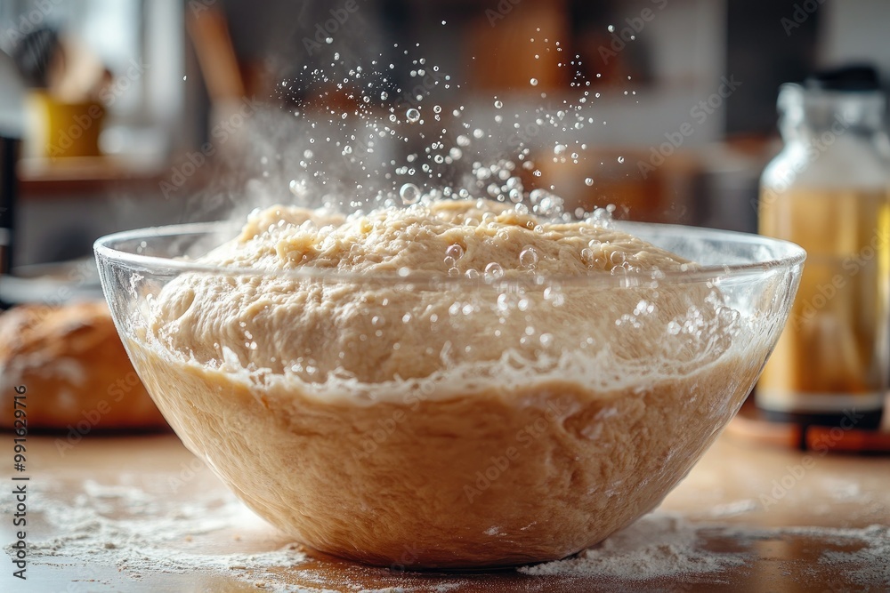 The fermentation process of sourdough dough in a large bowl, with bubbles rising on the surface and a blurred kitchen environment behind The fermentation process of sourdough dough in a large bowl, with bubbles rising on the surface and a blurred kitchen environment behind