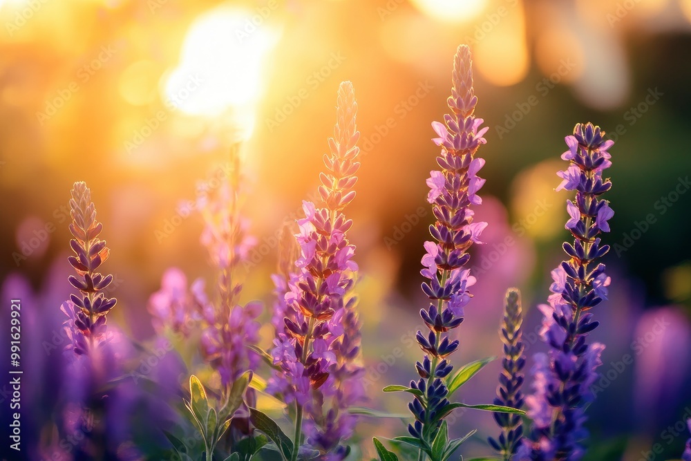 Beautiful purple flowers in the garden at sunset. Nature background. Levander flower on the garden.geneative ai Beautiful purple flowers in the garden at sunset. Nature background. Levander flower on the garden.geneative ai