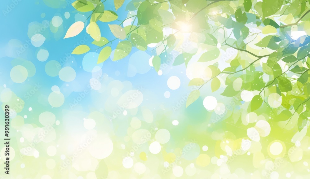 A beautiful blurred spring-summer background featuring a bokeh effect with green and blue pastel colors, depicting a serene nature landscape with the sun, sky, and clouds, perfect for banners, posters A beautiful blurred spring-summer background featuring a bokeh effect with green and blue pastel colors, depicting a serene nature landscape with the sun, sky, and clouds, perfect for banners, posters