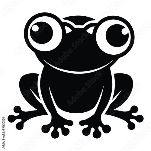 a black and white illustration of a frog wearing glasses. The frog is sitting on its hind legs with its front legs stretched out in front of it 