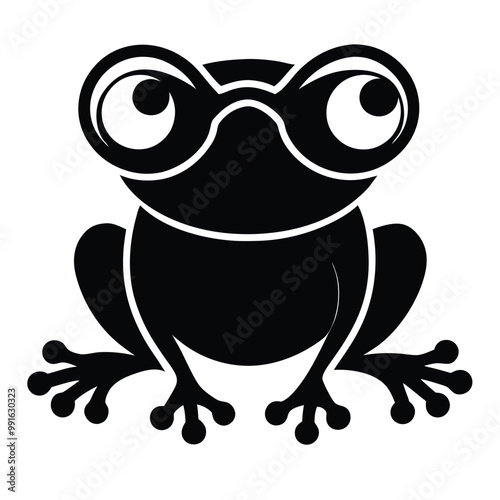 a black and white illustration of a frog wearing glasses. The frog is sitting on its hind legs with its front legs stretched out in front of it 