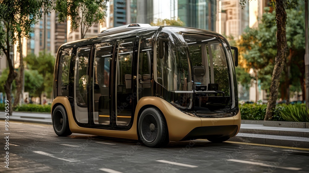 Fototapeta premium A modern, futuristic autonomous electric shuttle bus in an urban cityscape, showcasing advanced transportation technology.