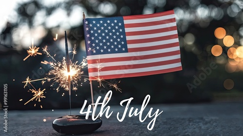 A photo of the USA flag with a sparkler on a black stone. The flag is waving in the wind. There is an abstract bokeh effect in the background. The text 