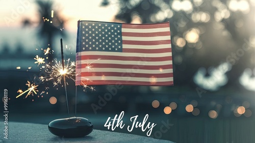 A photo of the American flag with a sparkler on a black stone. The flag is waving in the wind. There is a bokeh effect in the background. The text 