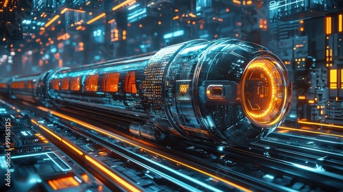 Futuristic high-speed train with neon lights speeding through a digitally enhanced cityscape, representing advanced technology and modern transport.