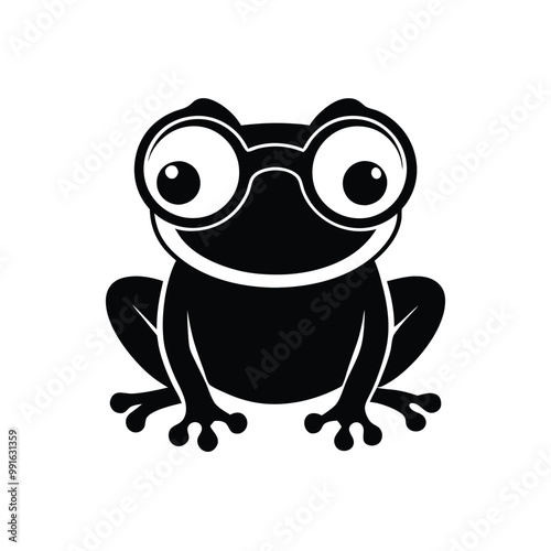 a black and white illustration of a frog wearing glasses. The frog is sitting on its hind legs with its front legs stretched out in front of it 
