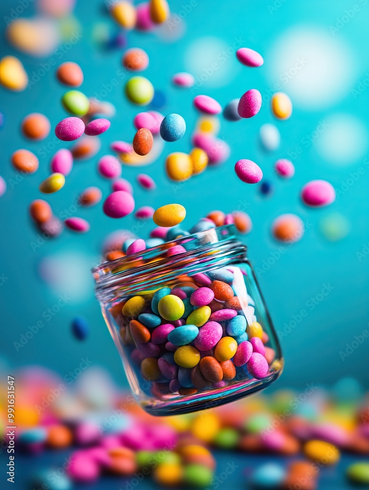 Colorful candy spilling from a jar, creating a festive atmosphere with a vibrant blue background and blurred bokeh effect. Colorful candy spilling from a jar, creating a festive atmosphere with a vibrant blue background and blurred bokeh effect.