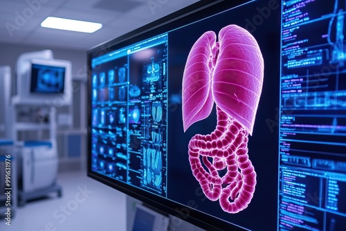 Detailed digital illustration of human lungs displayed on a medical monitor in a healthcare setting. Perfect for educational purposes. photo