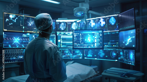 A surgeon in an operating room filled with floating, transparent monitors that adjust their position to provide the best view of the surgery in progress