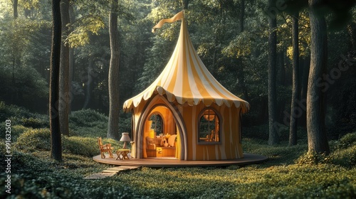 A whimsical, tent-shaped playhouse with a built-in floor and windows.