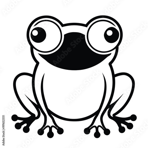 a black and white illustration of a frog wearing glasses. The frog is sitting on its hind legs with its front legs stretched out in front of it 