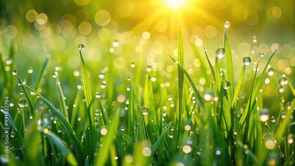 Fototapeta premium Fresh green grass with dew drops glistening in morning sunlight nature closeup