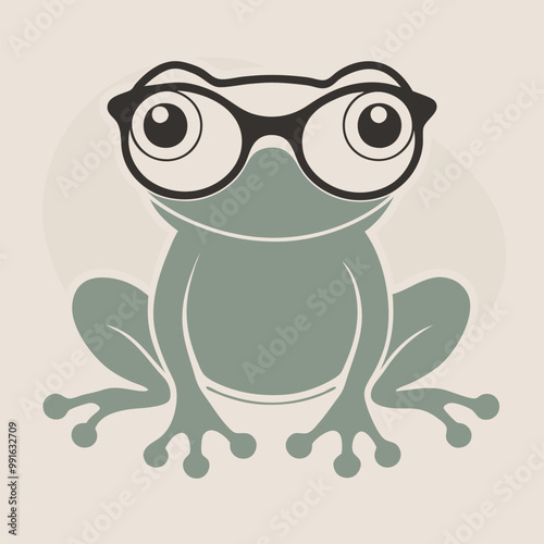a black and white illustration of a frog wearing glasses. The frog is sitting on its hind legs with its front legs stretched out in front of it 