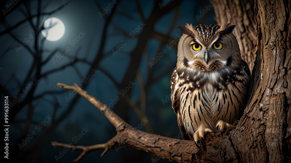 A wise old owl perched on a gnarled tree trunk, its piercing eyes reflecting the secrets of the night. A wise old owl perched on a gnarled tree trunk, its piercing eyes reflecting the secrets of the night.