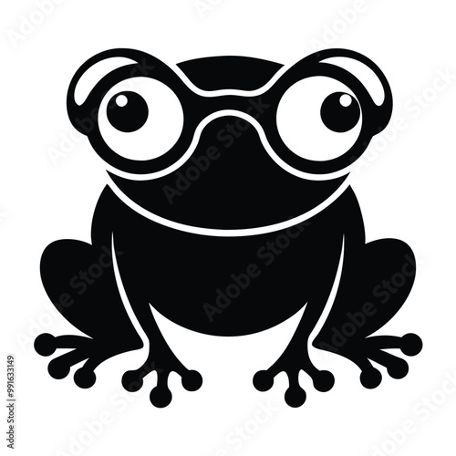 a black and white illustration of a frog wearing glasses. The frog is sitting on its hind legs with its front legs stretched out in front of it 