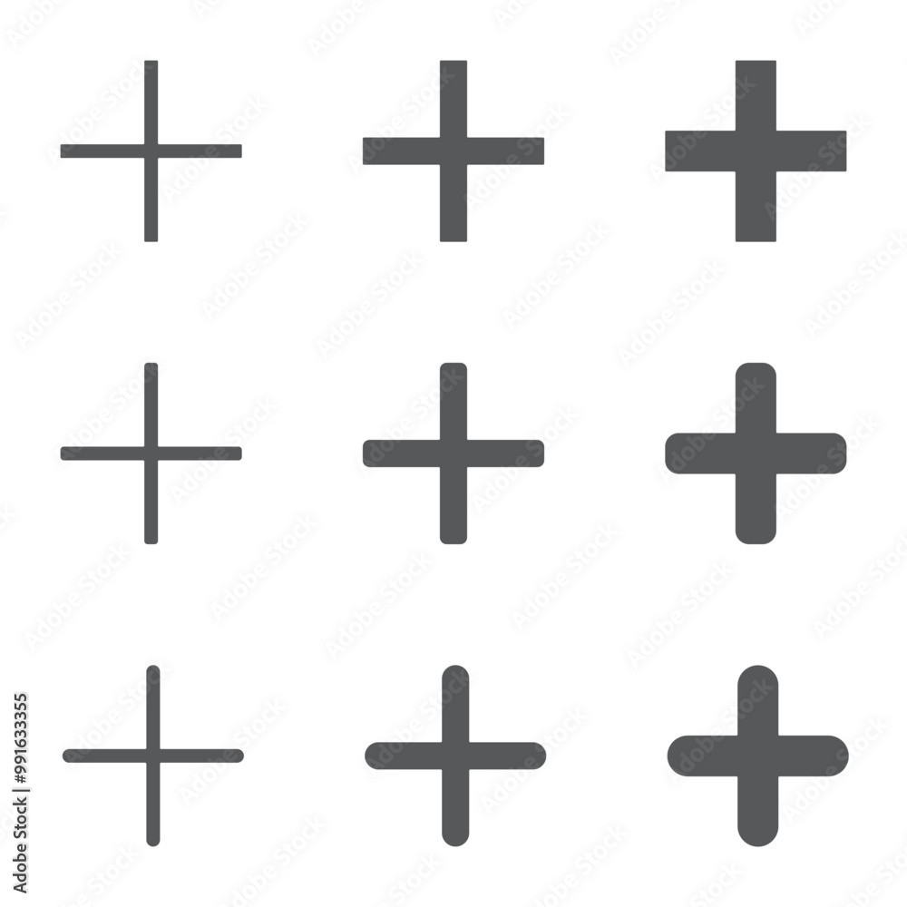 Collection of Icons: Plus, Add, Zoom In, Cross, and Positive Symbols. Hospital First Aid Logo for Web App UI. Vector Image, Isolated on White Background. Collection of Icons: Plus, Add, Zoom In, Cross, and Positive Symbols. Hospital First Aid Logo for Web App UI. Vector Image, Isolated on White Background.