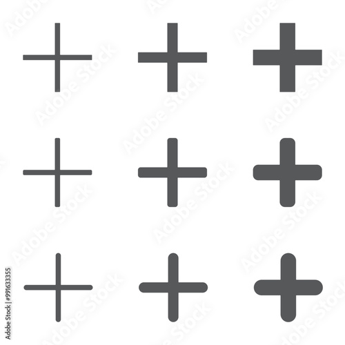 Collection of Icons: Plus, Add, Zoom In, Cross, and Positive Symbols. Hospital First Aid Logo for Web App UI. Vector Image, Isolated on White Background.