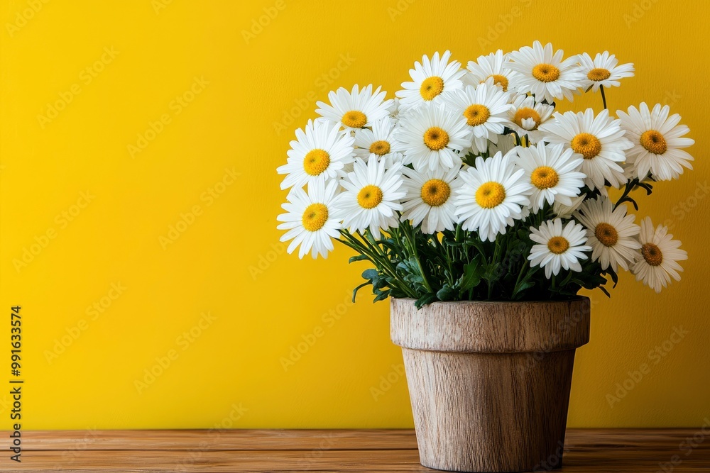 Beautiful white daisy flowers in a wooden pot on a wooden table with yellow background -.geneative ai Beautiful white daisy flowers in a wooden pot on a wooden table with yellow background -.geneative ai