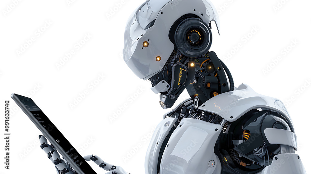 Ai robot using tablet isolate on withe background Ai robot using tablet isolate on withe background