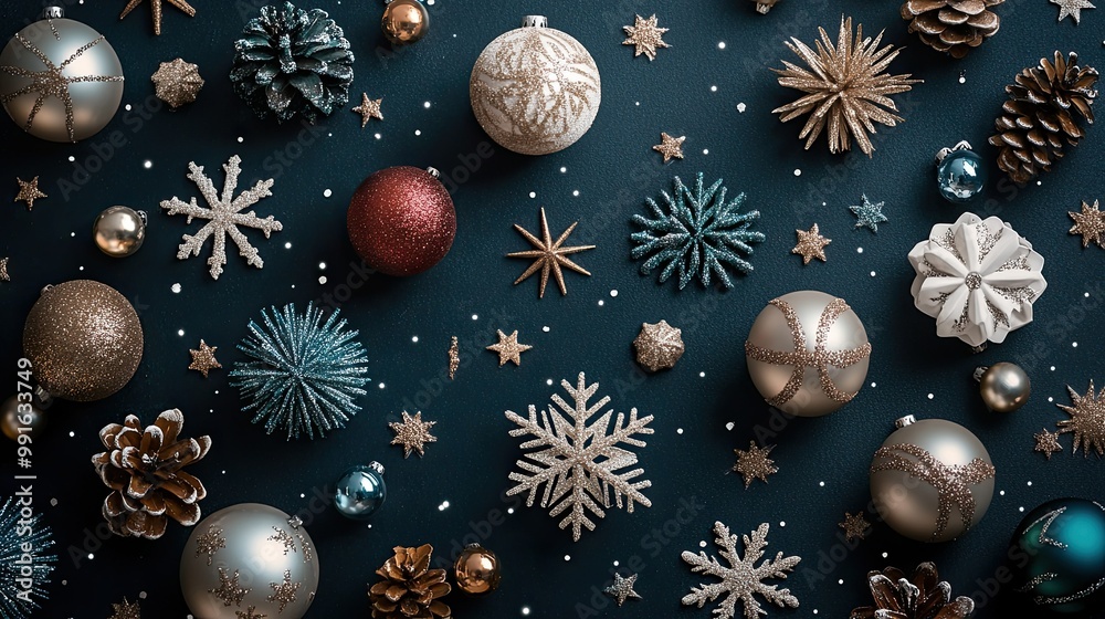 Flat lay of holiday decorations with snowflakes, baubles, and stars on a dark surface, viewed from above for a stylish holiday theme Flat lay of holiday decorations with snowflakes, baubles, and stars on a dark surface, viewed from above for a stylish holiday theme