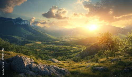 A beautiful mountain landscape with the sun shining over the valley