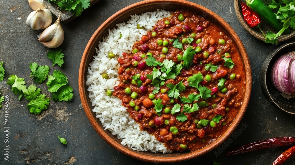 Flat lay of Rajma masala and rice in a clay bowl with fresh ingredients like green chilies, garlic, and cilantro spread on a textured concrete table.