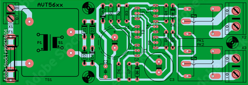 Vector printed circuit board of electronic 
device with components of radio elements, 
conductors and contact pads placed on pcb. 
Engineering technical drawing. Computer technic cad design.