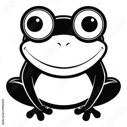 a black and white illustration of a frog wearing glasses. The frog is sitting on its hind legs with its front legs stretched out in front of it 