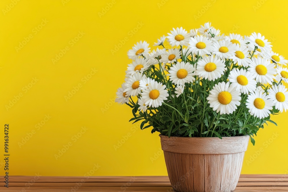 Beautiful white daisy flowers in a wooden pot on a wooden table with yellow background -.geneative ai Beautiful white daisy flowers in a wooden pot on a wooden table with yellow background -.geneative ai