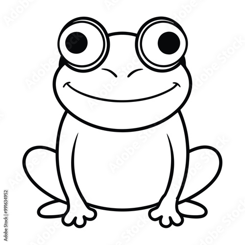a black and white illustration of a frog wearing glasses. The frog is sitting on its hind legs with its front legs stretched out in front of it 