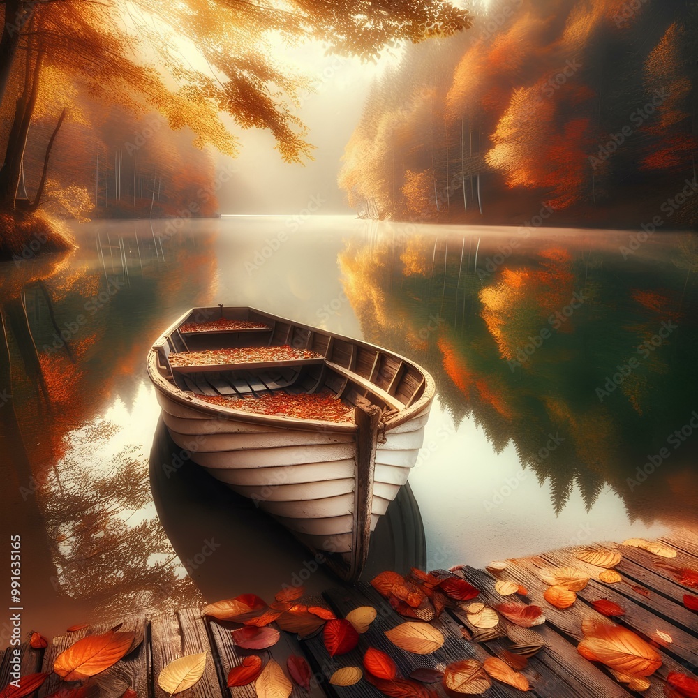 A serene image of a boat tied to the shore on a calm lake, surrounded by vibrant autumn foliage and a peaceful, reflective atmosphere. The boat is filled with fallen leaves. A serene image of a boat tied to the shore on a calm lake, surrounded by vibrant autumn foliage and a peaceful, reflective atmosphere. The boat is filled with fallen leaves.