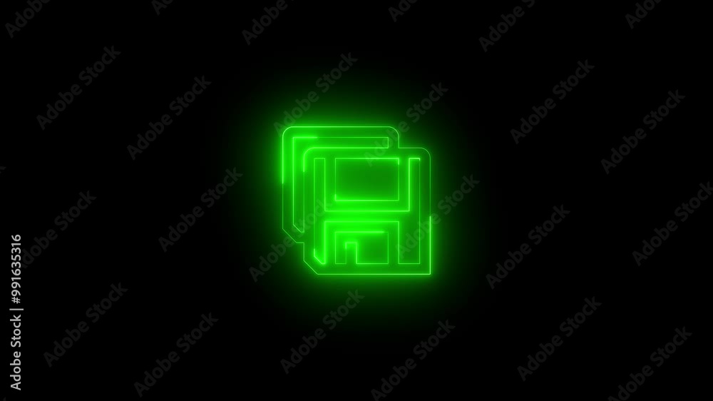 Neon save copy icon green glowing black background animation
