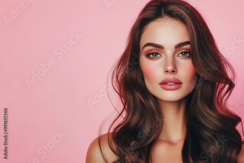 Beautiful woman with long wavy hair on a pink background. Ad for shampoo conditioner hair products .geneative ai