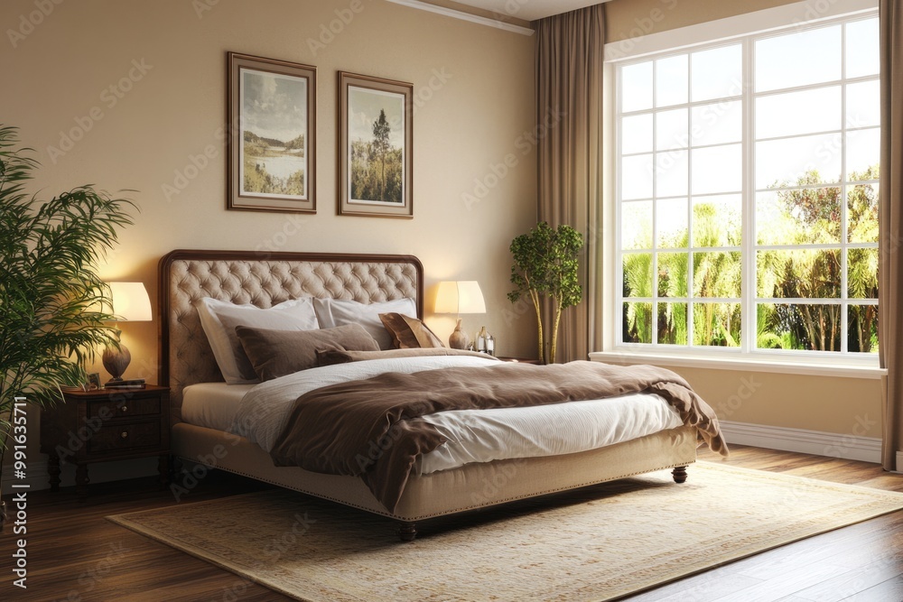 Modern Living Space with Elegant Furniture, Wood Flooring, and Beige Walls Modern Living Space with Elegant Furniture, Wood Flooring, and Beige Walls