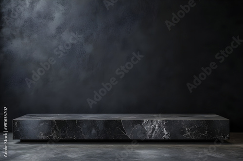 3D product table in an empty studio, facing a black wall, is set up for presentation on a podium with a concrete dark surface.
