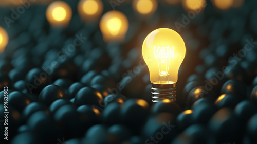 One lit light bulb standing out from the crowd, Concept of Innovation, Creativity, and Inspiration