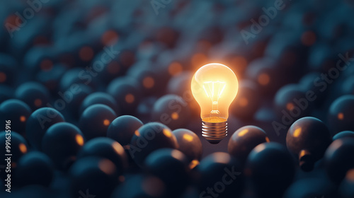 One lit light bulb standing out from the crowd, Concept of Innovation, Creativity, and Inspiration